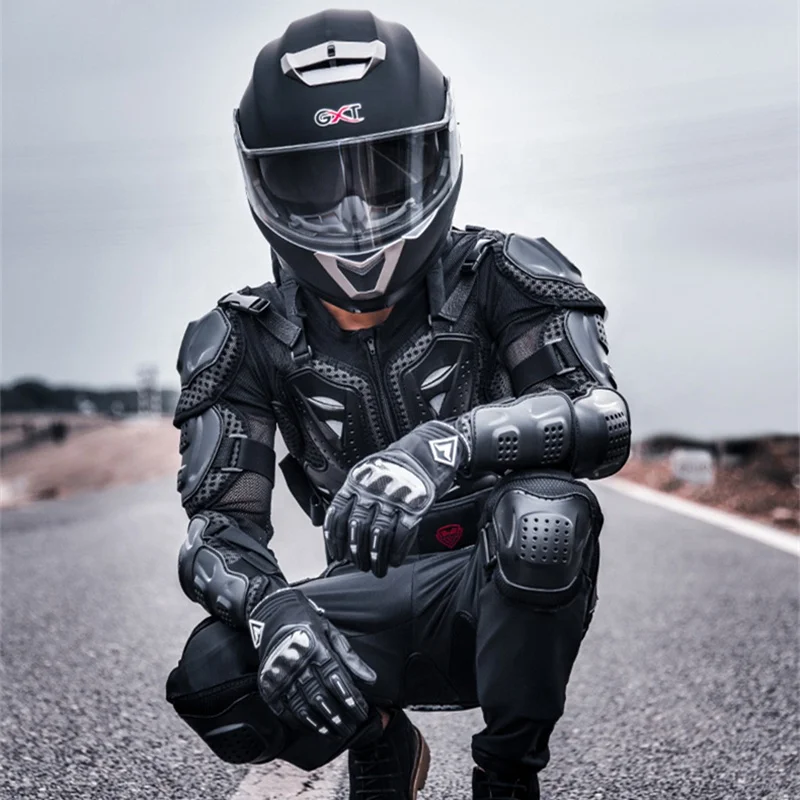 Motorcycle Racing Full Body PE Shell Armor Jacket with Breathable Mesh Cloth and Neck Guard Waterproof Cordura Leather Jacket