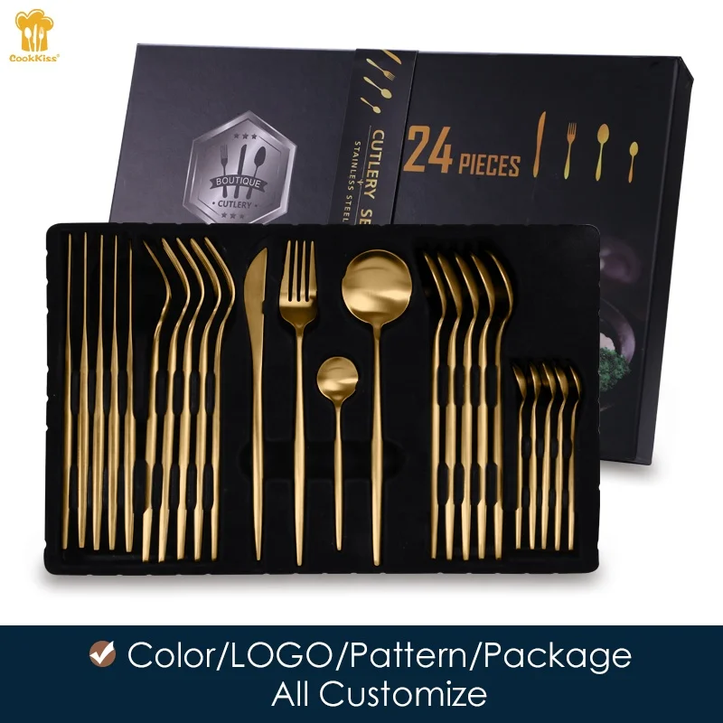 A6061 Luxury 24Pcs Cutlery Set Fine Stainless Steel Wedding Fork Spoon Knife Brushed Gold Flatware Set