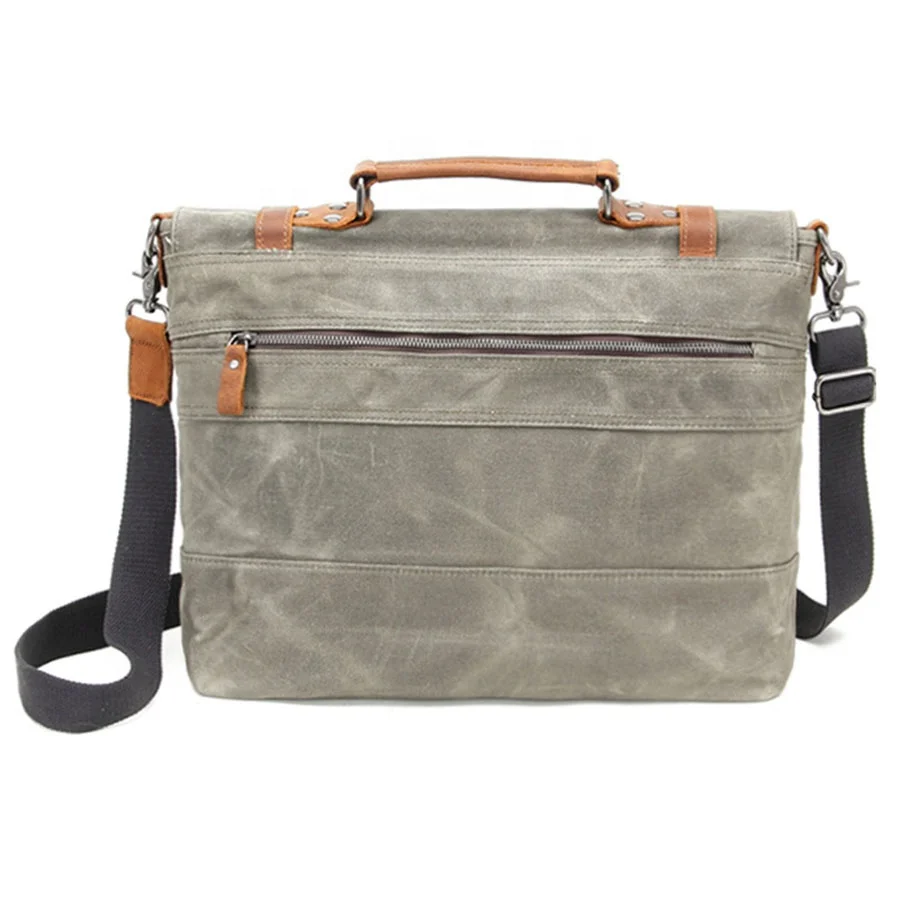 15.6inch Waterproof Waxed Canvas Genuine Leather Briefcase Computer Laptop Messenger Bag Large Satchel Shoulder Bag