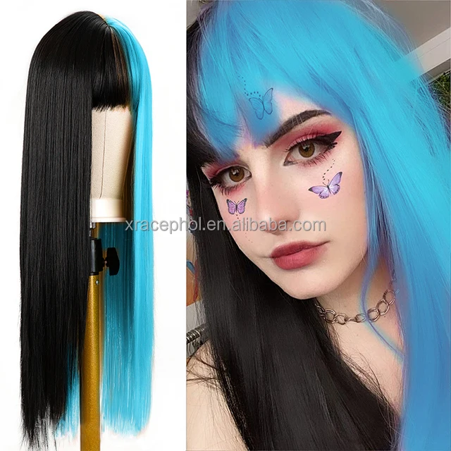 High Quality Long Straight Natural Wavy Halloween Two Tone Color Wig Half Black Half Blue Synthetic Wig