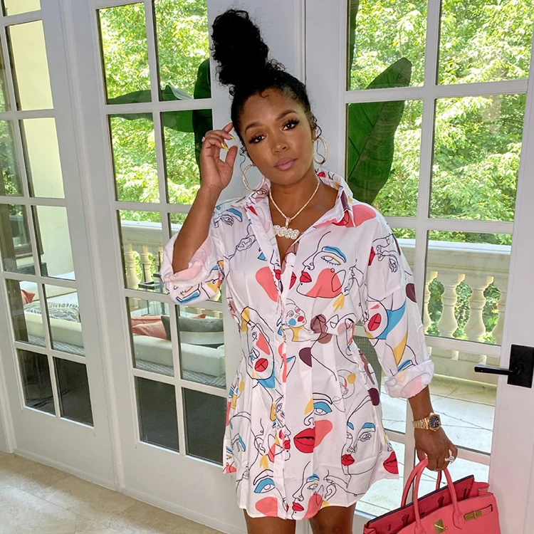 Осенняя женская модная одежда с длинным рукавом, с принтом газет, с буквенным принтом, на пуговицах, рубашка на пуху, женское платье, женские футболки, платья