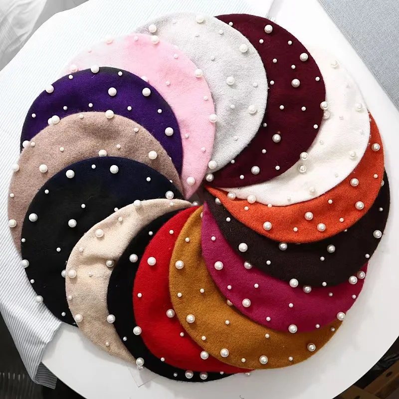 Custom Logo Beret Korean Warm New Hat Full Of Studded Pearl Winter Wool Beret Hat Embroidery Pearl Beret For Women