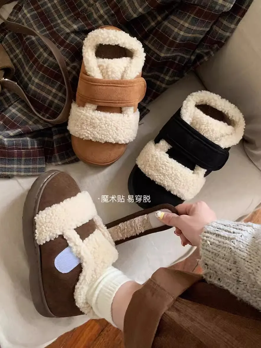 XIXITIAO new Birkenstocks Vintage Velcro women indoor plush indoor sock slippers warm winter home slippers
