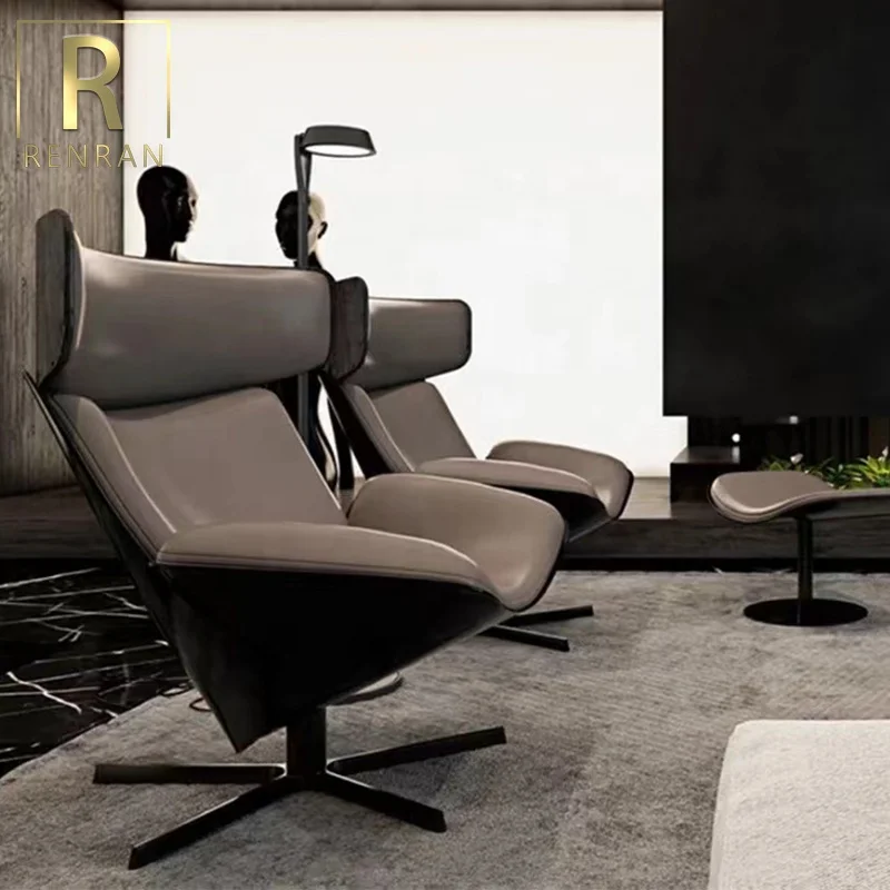 latest Italian design luxury home furniture accent chair elegant metal modern single revolving lounge chair with stool