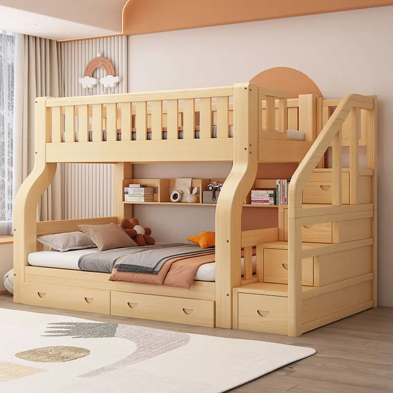Hot Sell Modern Simple Style Bedroom Furniture Solid Wood Children Bunk Bed for Kids in Grey Dormitory Beds