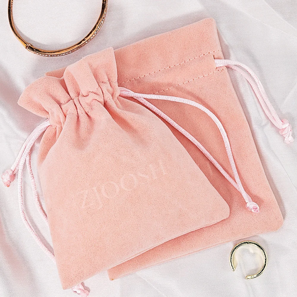 Custom logo printed small luxury gift perfume bracelet pouch pink flannel drawstring velvet jewelry packaging bag