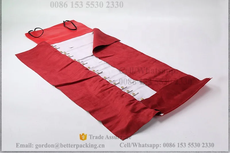 BV095 Elastic Band Fasten Closure Red Leather Outside Suede Flap Cover travel necklace Chain display Jewelry roll