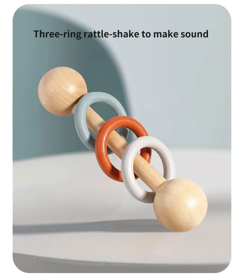 2024 New Learning  Organic Eco Wooden Rattles Baby Toys Educational Newborn Grasping Natural Tether Musical Instrument Shaker