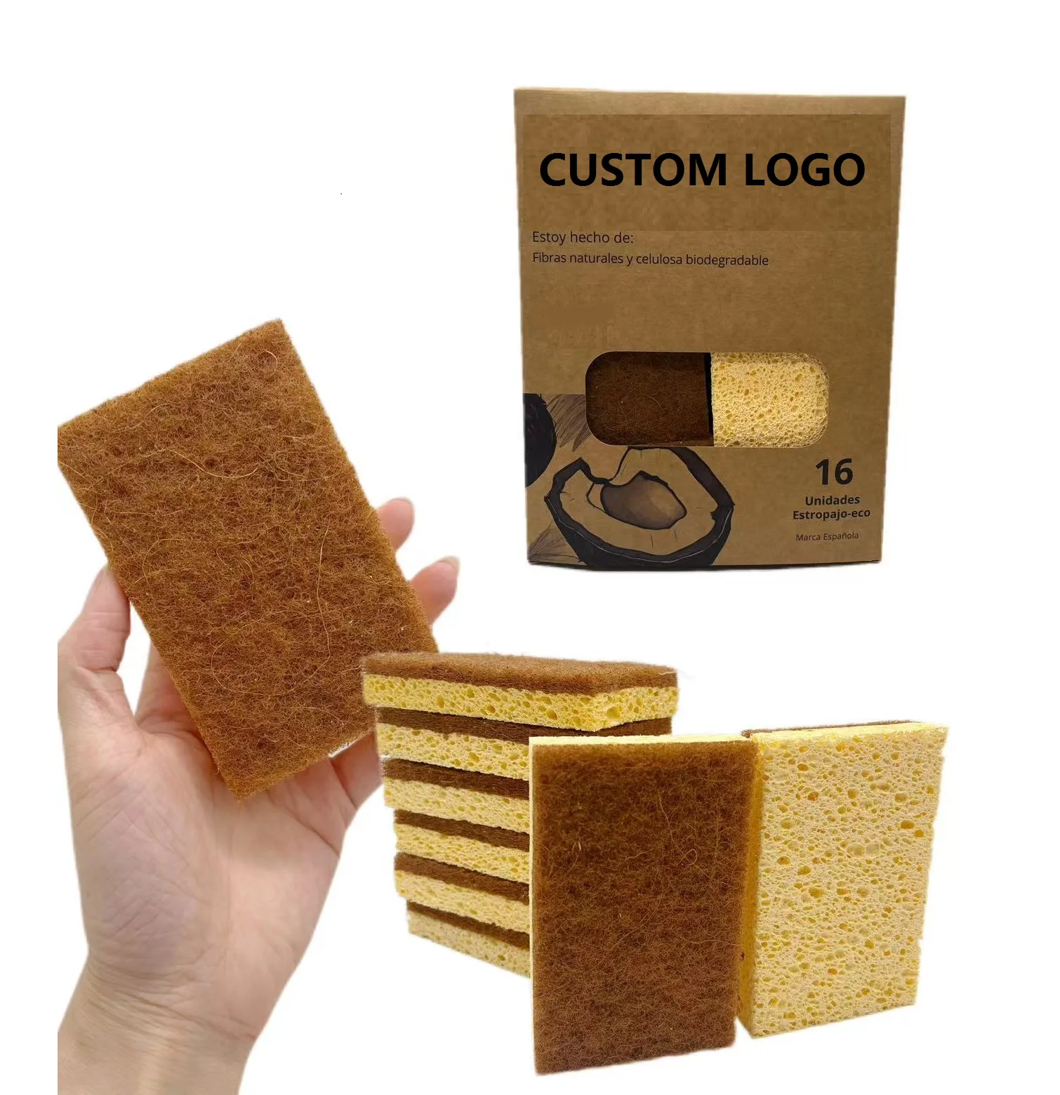 Custom Logo Natural Kitchen Sponge Biodegradable Cellulose and Coconut Scrubber Sponge Eco Friendly Sponges for Dishes