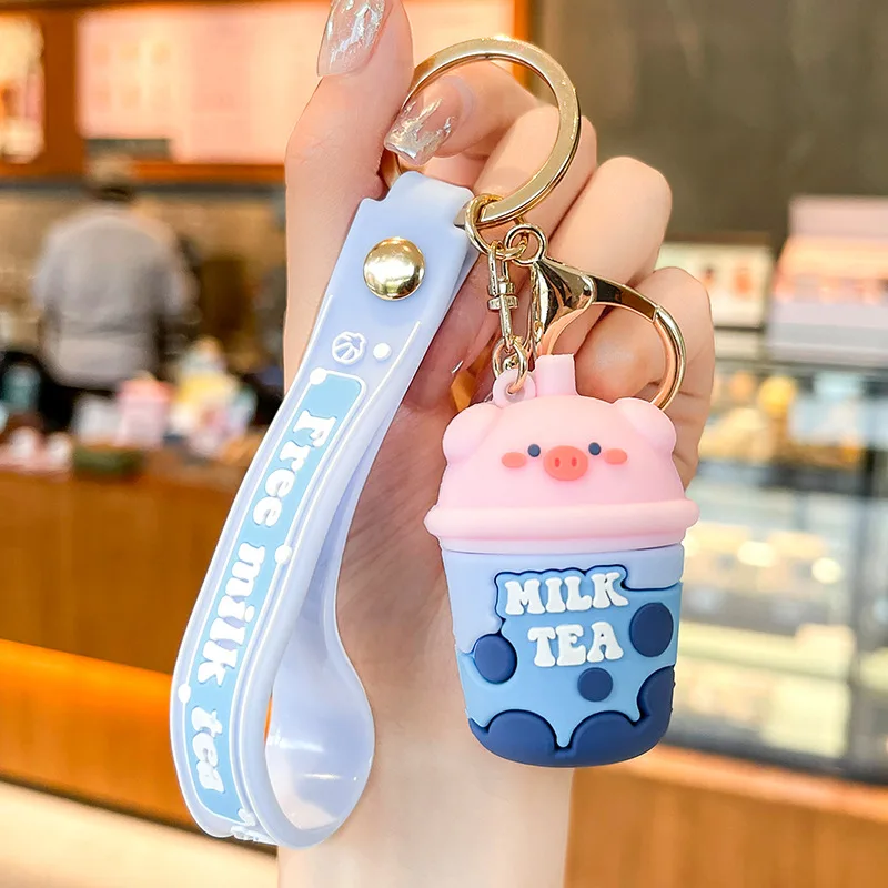 Baimao High-quality wholesale cartoon creative pearl milk tea pig key chain Boba milk tea key chain Kawaii cartoon pig key ring