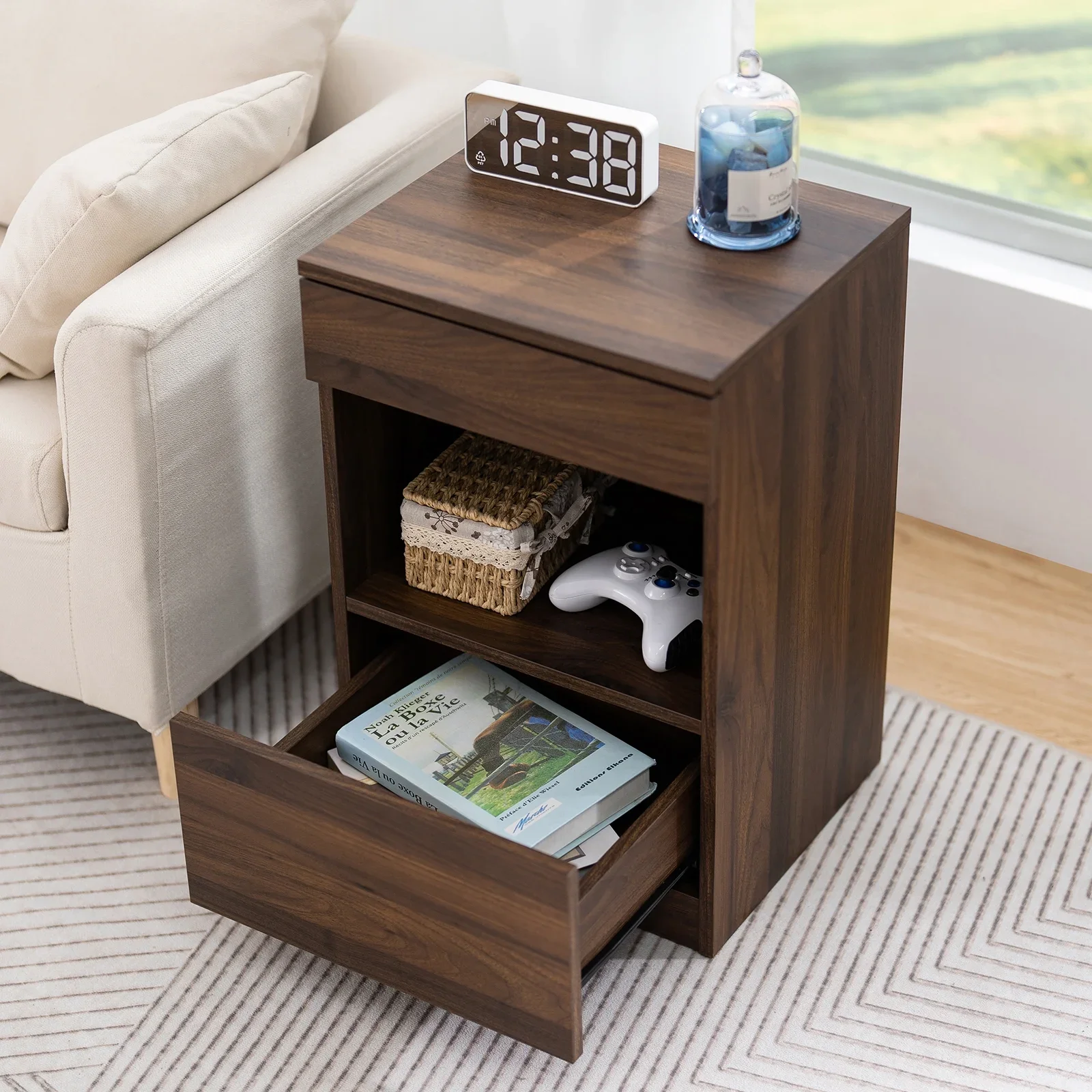 Customized Wooden 2-Drawer Nightstand with Open Shelf Bedside Table with Storage End Table in Dark Walnut