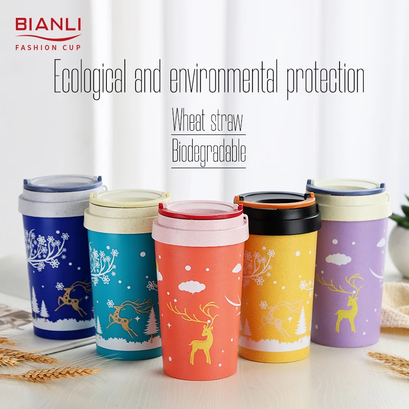 Sublimation Custom Wheat Straw Material Reusable Double Walled Nordic Christmas Mug Coffee Cup High Quality 380ml Black Mugs