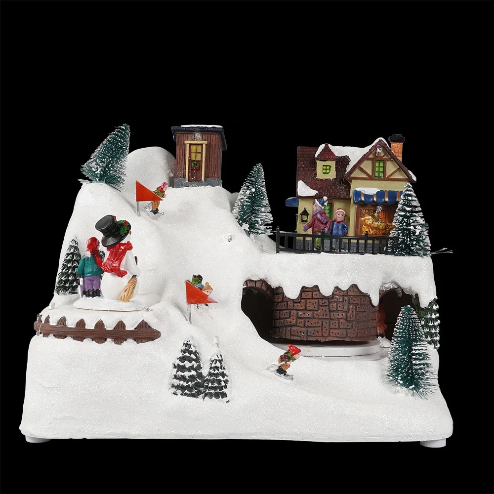 Wholesale noel 8 songs Led lighted Xmas mountain scene musical animated Christmas village with rotating train and Santa