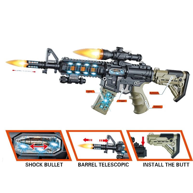 QS High Quality Electric M416 Gun Toys With Sound Lights Barrel Telescopic Plastic Simulation Gun Model