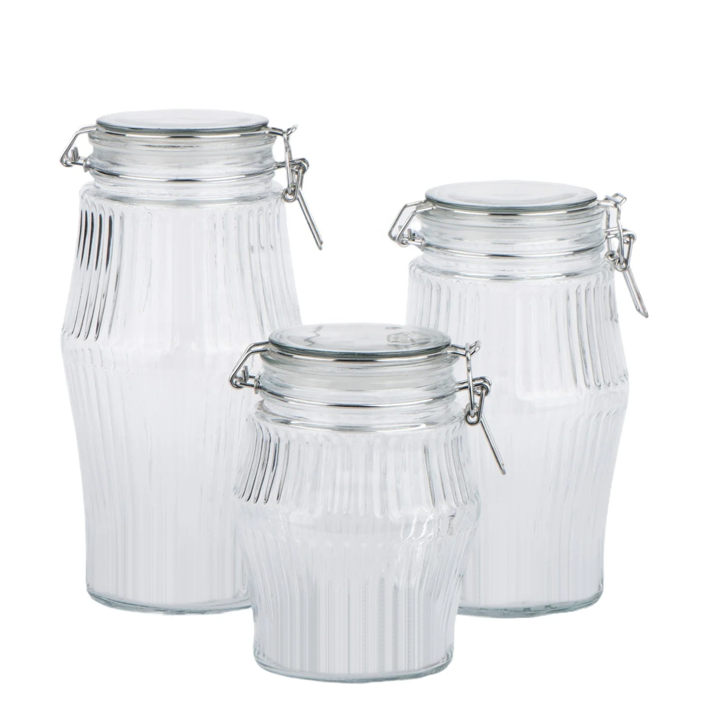1300ml 1700ml 2150ml Glass Food Storage Jar with Lid and Metal Clip Embossed Vertical Lines Design