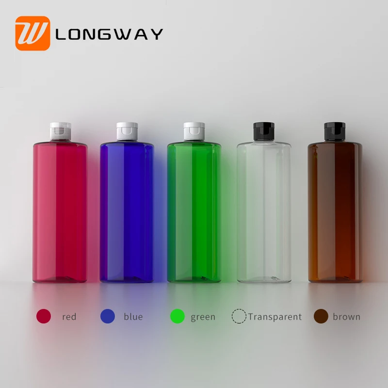 Wholesale PET 16 oz plastic flat toner flip top bottle with black cap 500ml 16oz for bath shower gel cosmetic packaging