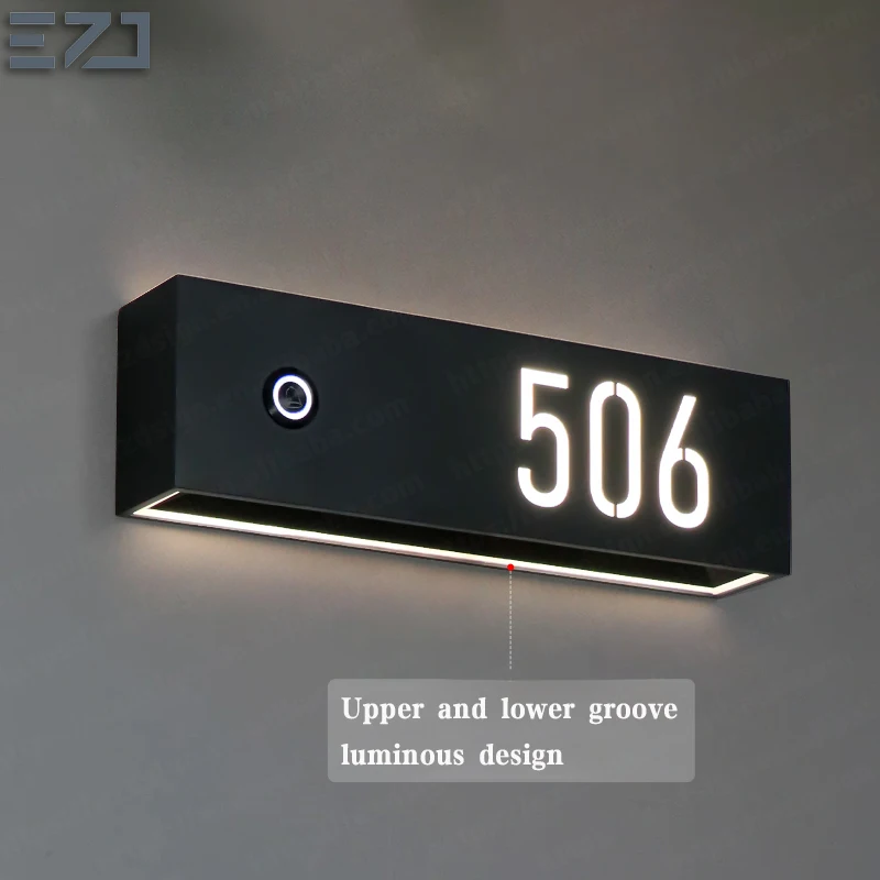 EZD Top and Bottom Grooved Illuminated Hollow-Out Numbers Luxury Residential Apartment House Room Door Sign with LED Doorbell