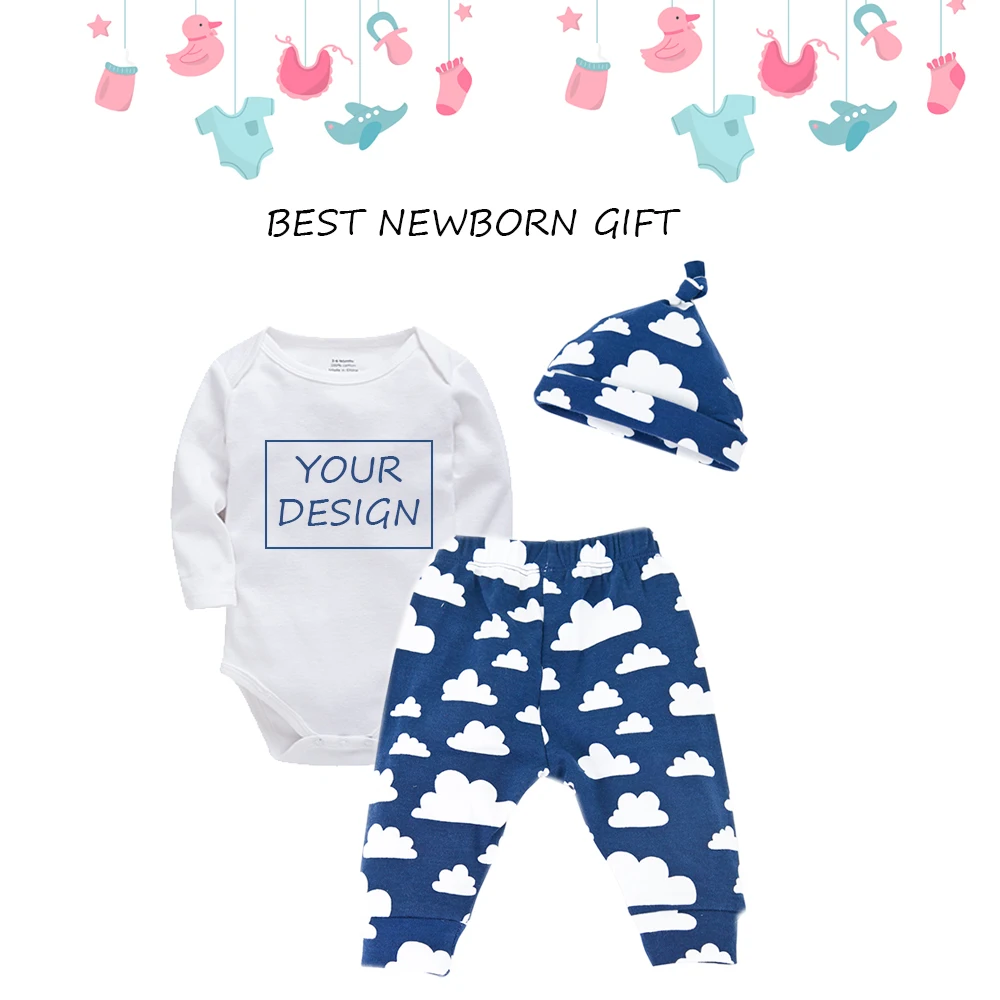 OEM Customized Design Newborn Baby Boys Girls Clothes Set Bebes Romper+Pants+Hats Gift Set For 0~6Months