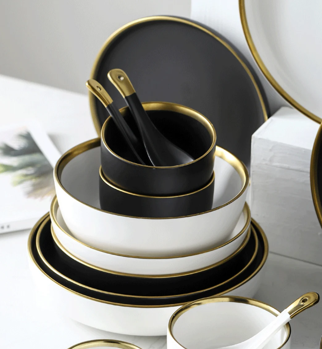 Wholesale Luxury Matte Ceramic Gold Rim Black And White Nordic Style Dinner Sets Bowls Dinner Plate