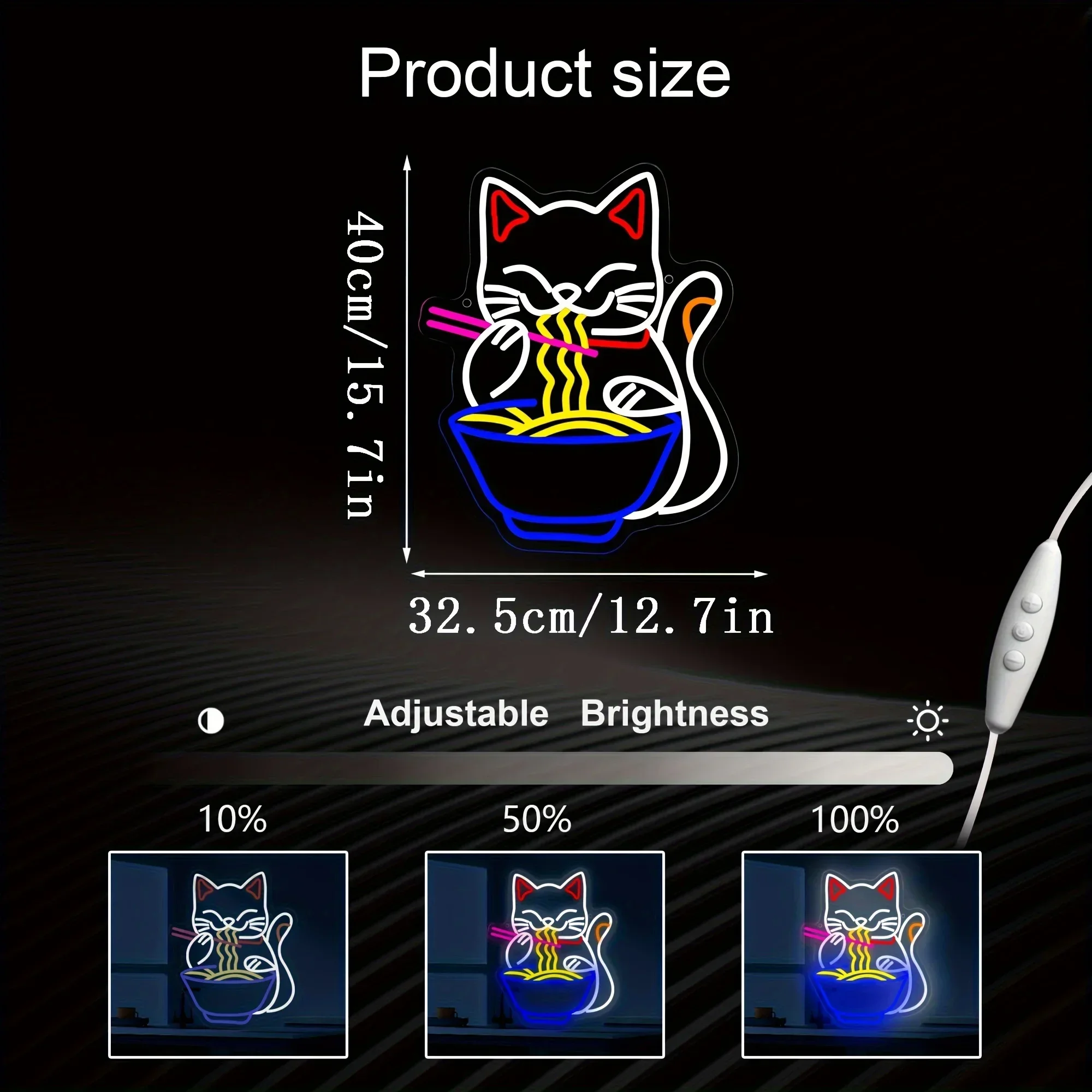 Fortune Cat Ramen Neon Sign Dimmable LED Wall Decor Japanese Lucky Cat Noodle Ramen Restaurant Home Bar Landscape Neon Lights