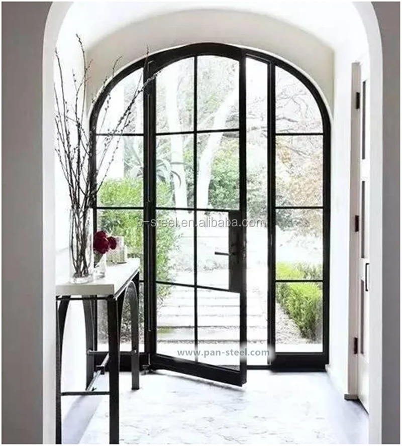 Galvanized steel tube clear tempered glass double glazed single swing door double french doors with grill design