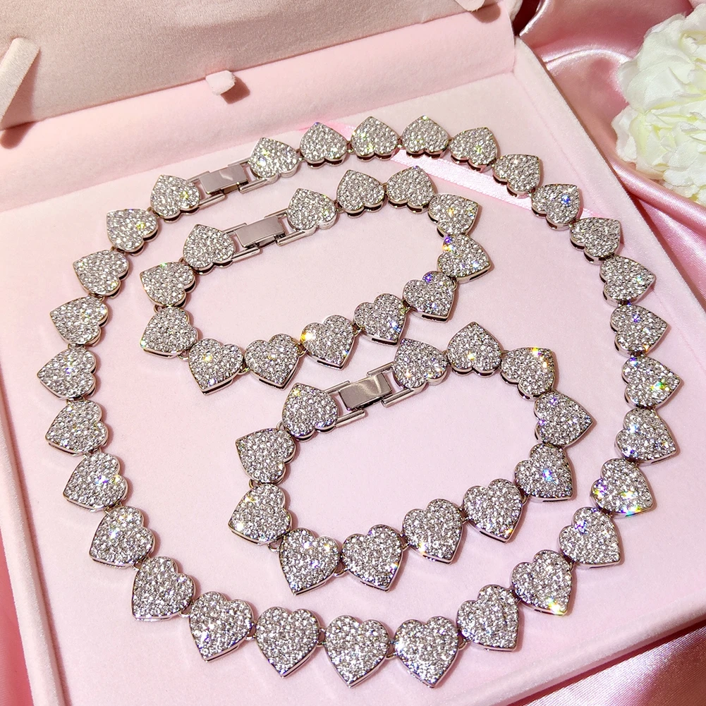Hip Hop Luxury Full Diamond Jewelry Set Iced Out Cuban Link Chain 5A Cubic Zirconia Love Heart Tennis Necklace Bracelet Set