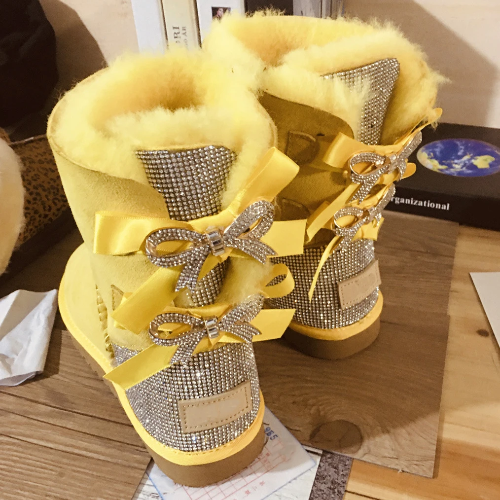 Wholesale fashion ladies sheepskin kids women winter snow ribbon fur boots with bows 2023 snow boots