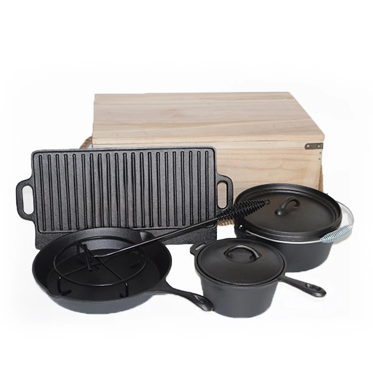 Hot sale private label 6pcs cast iron camping cookware set  in wooden box
