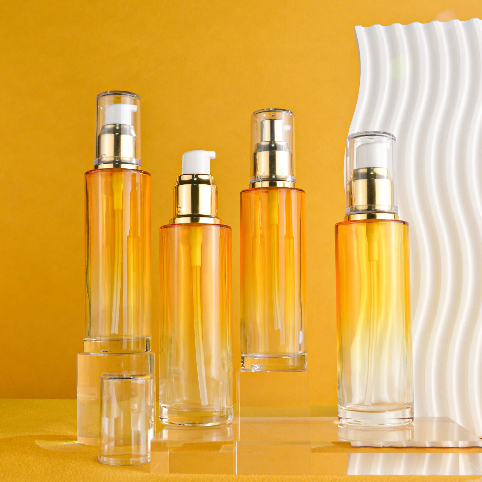 Unique Luxury Cosmetic Clear Empty Glass Hair Oil Serum Lotion Pump Bottle With Gold Plastic Pump Head