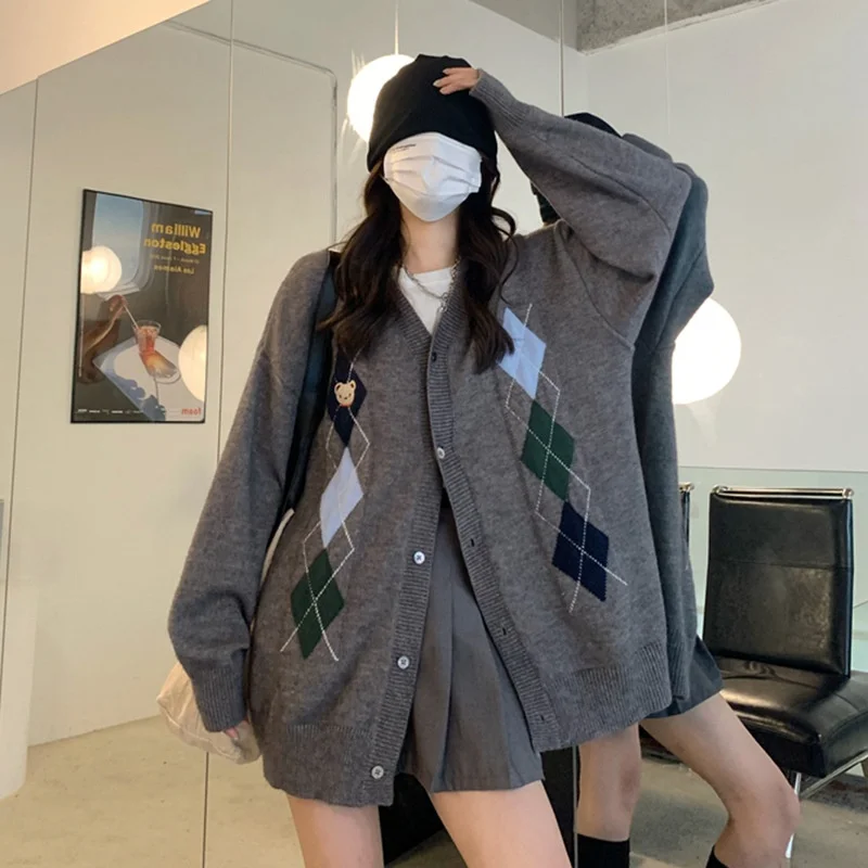 Autumn and Winter Loose Contrast Color Diamond-shaped Single-breasted Knitted Cardigan Sweater College Style Korean Ins Women