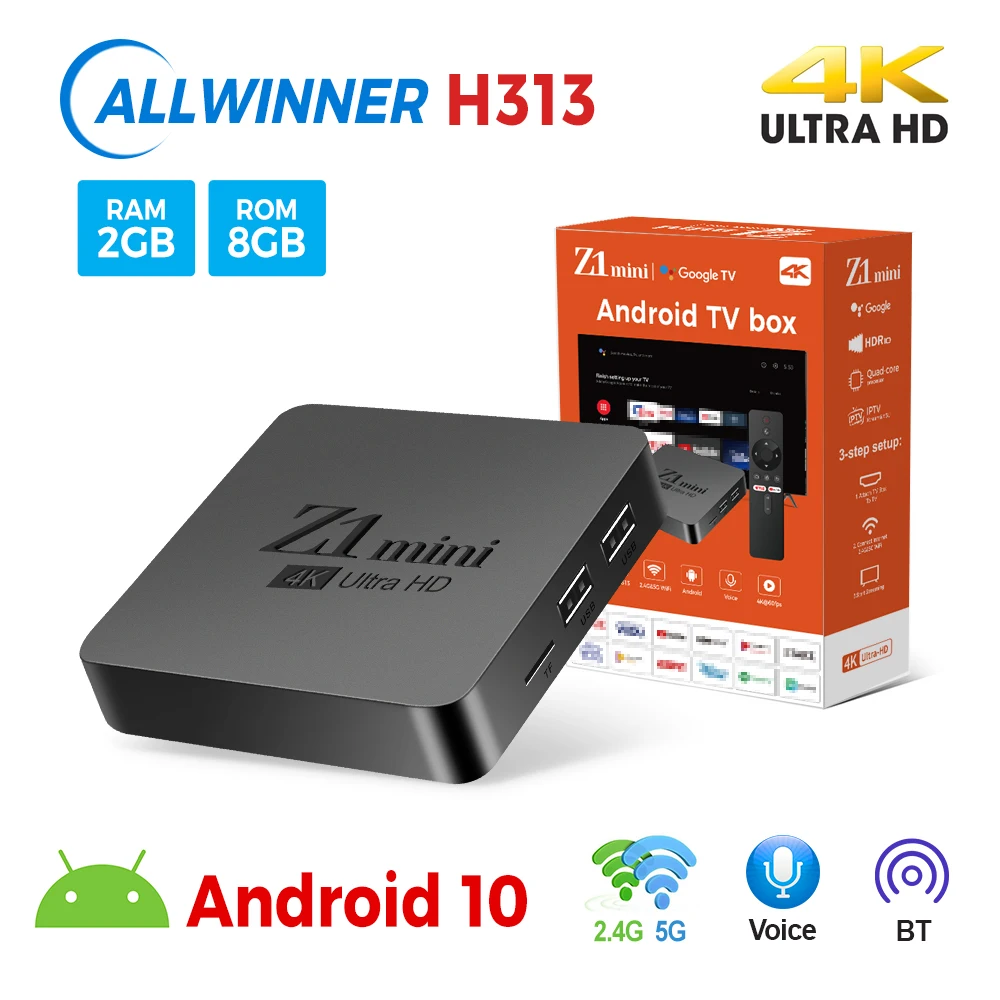 2024 новый продукт Z1 мини-приставка ATV Android 10 smart TV box H313 dual wifi 2 + 16GB 4k голосовой BT пульт дистанционного управления ТВ приставка
