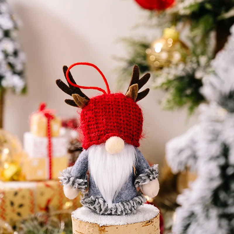 Christmas Tree Ornament Creative Cute Knitted Antler Hat Rudolph Doll With LED Light Hanging Gnomes Holiday Decoration Pendant