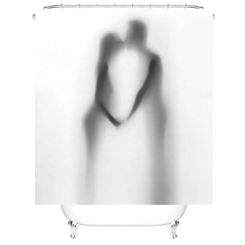 custom logo hook less polyester waterproof white fabric shower curtain and set with snap on liners
