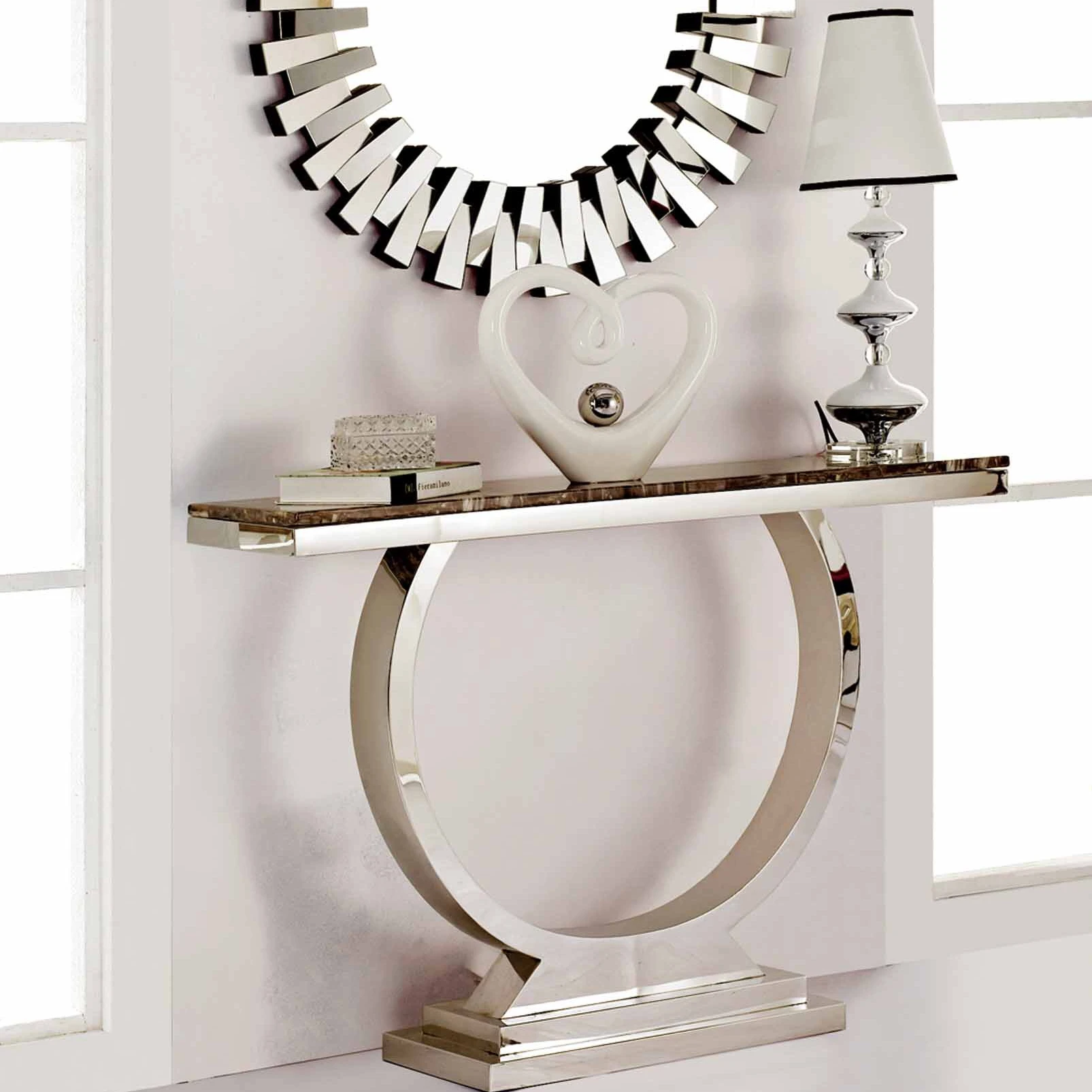 The new design golden mirror modern luxury marble entrance console with mirror laser elegant white silk metal objects