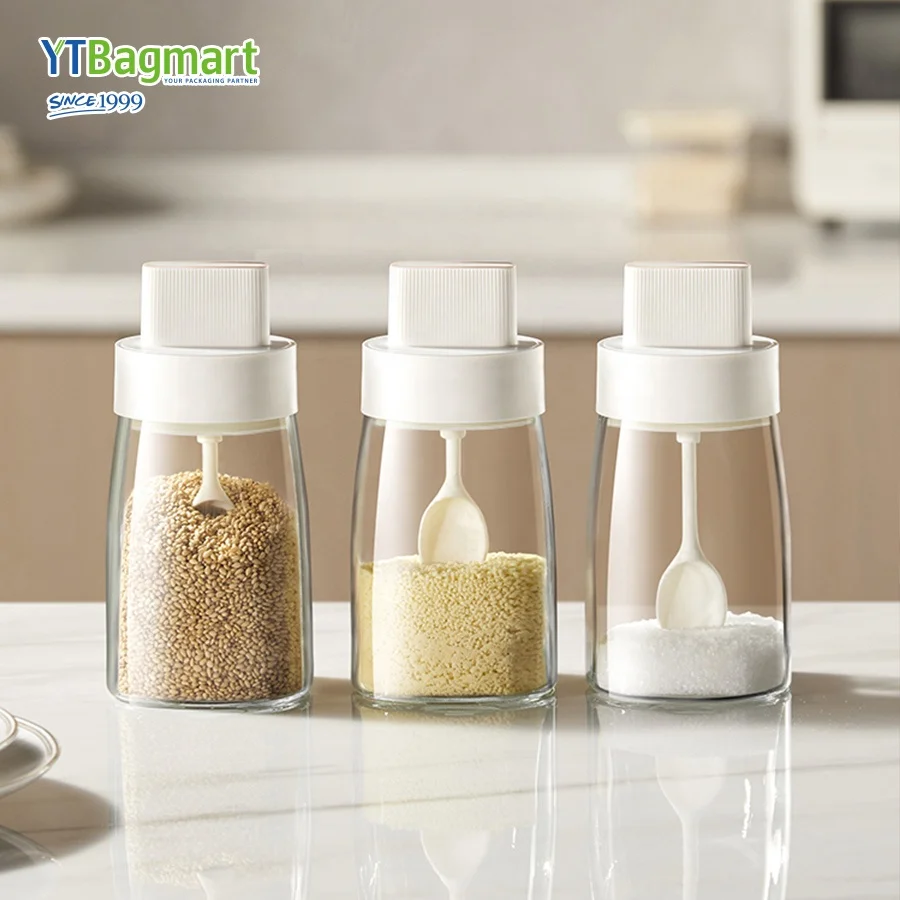 Kitchenware Clear Seasoning Salt pepper Bottle Glass Shaker Bottle Jam Spice Jar Container with Spoon