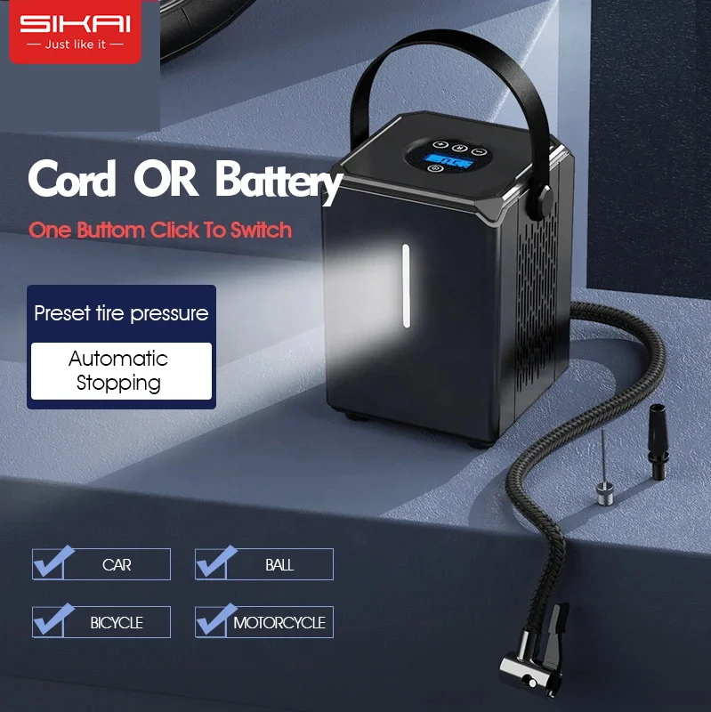 Certified Portable Cube Smart Car Air Compressor Inflator Bike Pump Electric Wireless 6000mAh DC 24V USB with LED Flash Nozzles