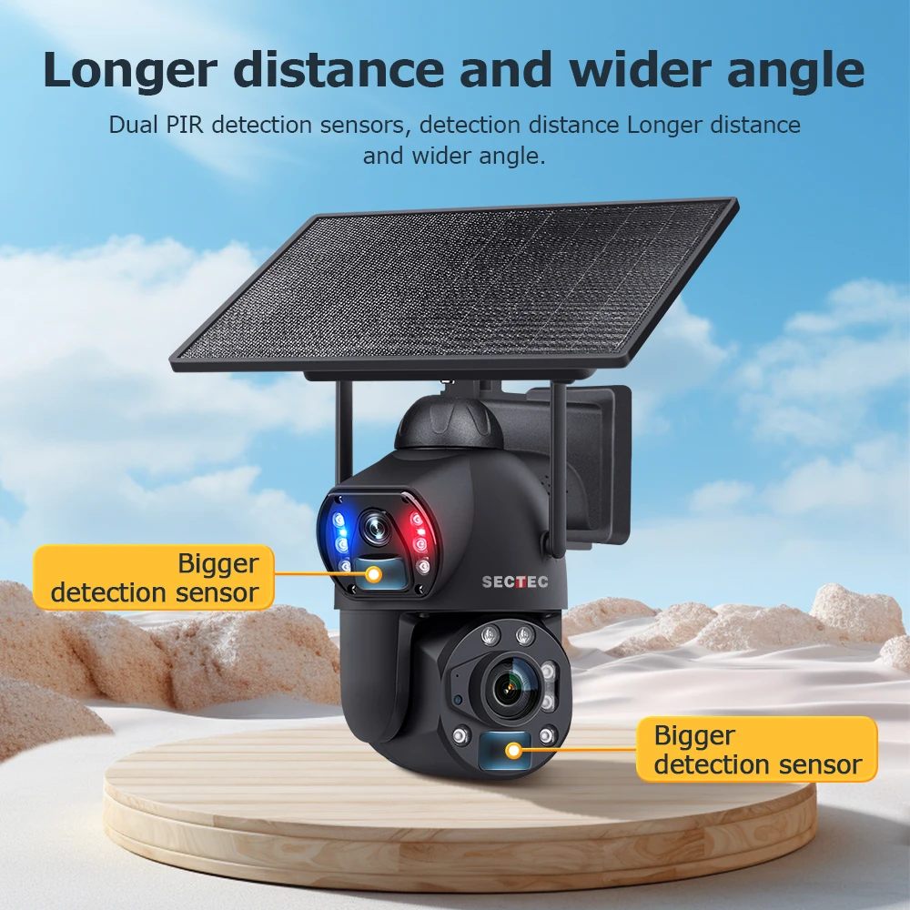 SECTEC 10W Dual Lens 36x zoom 6mp 3K 4G solar camera outdoor IP66 metal case ptz camera human detection security CCTV camera