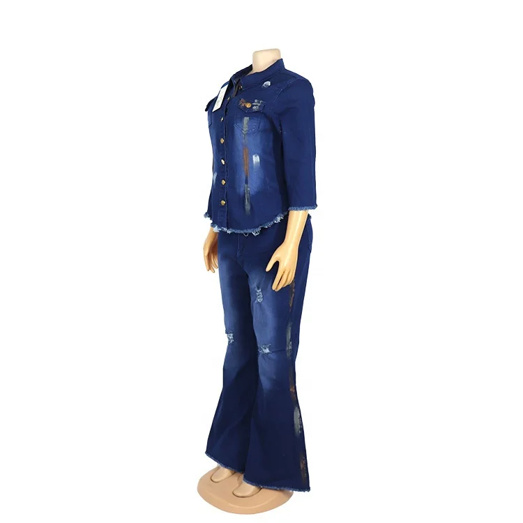 African wash denim jacket pencil pants two-piece African women jeans pants suits