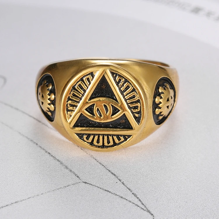 Wholesale Stainless Steel PVD Gold Plated Triangle All Seeing Eye Illuminati Rings for Men Women