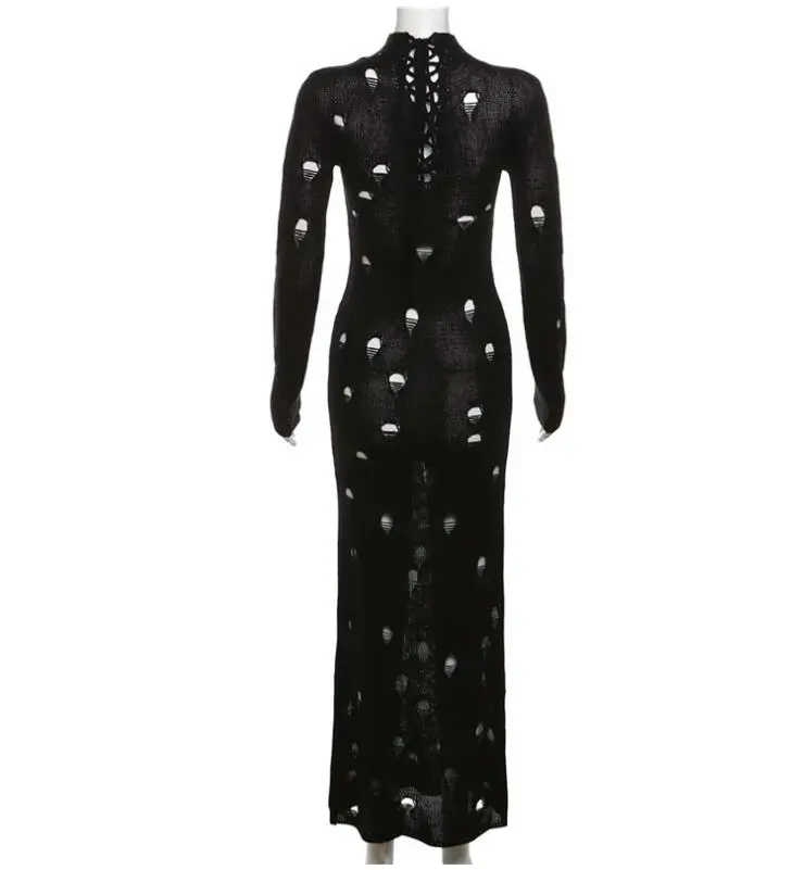 New Fashion STOCK 2Colors y2k Clothing Long Sleeve Casual Sexy Club Cut Out Crochet Knitted One Piece Dresses Women