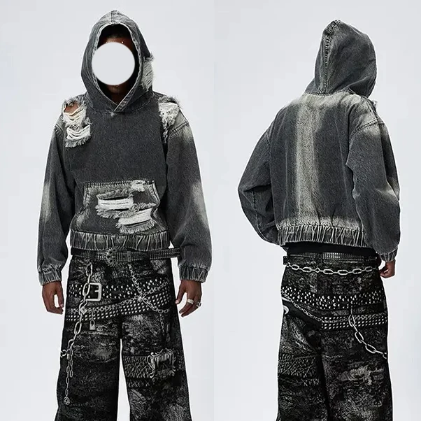 Custom Streetwear Hoodies For Men Distressed Sun Faded Drop Shoulder Vintage Washed Denim Tears Hoodie