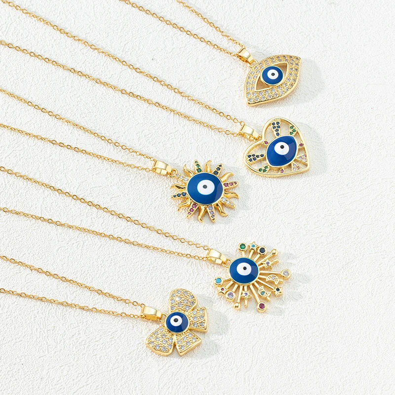 Wholesale 18k Gold Plated Blue Eye Rhinestone Necklace Choker Good Luck Charm Cz Pendants Evil Eye Necklace