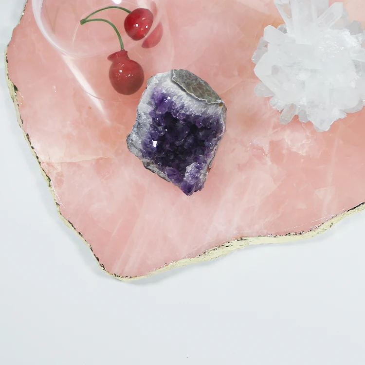 Большой размер драгоценные камни натуральный драгоценный камень аметист кристаллы поднос с натуральным серебром или золотой отделкой