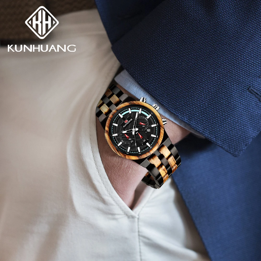Private Label Natural Wooden Wrist Watch Men Fashion Chronograph Wood Watch