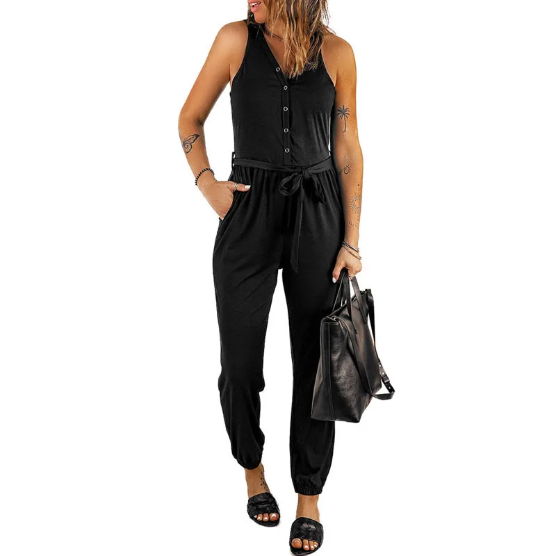 Custom Solid Color V-neck Casual Pencil Pants Sleeveless Women Fashionable Summer Rompers Jumpsuit