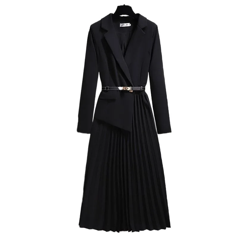 women blazer dress long sleeves spring autumn formal career dresses pleated lady suits vintage design