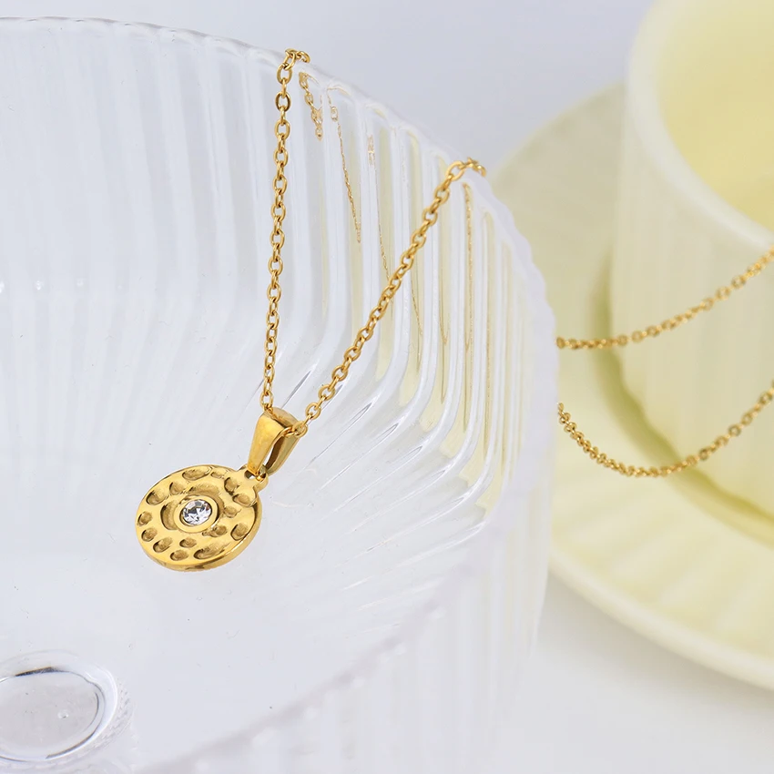 Vintage Jewelry Unique Crystal Gold Sunburst Coin Pendant Necklace Stainless Steel Double Side Cz Hammered Texture Necklace