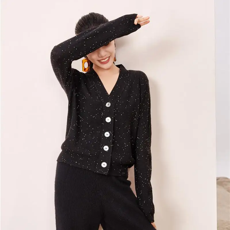 Hot Selling Female Sequin 100% Cashmere Knitted Button V-neck Sweater Cardigan