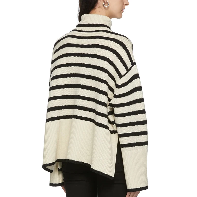 Manufacturer flared sleeve white striped sweaters for women patchwork high neck women pullovers long collar lapel women sweater