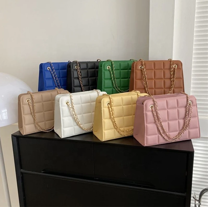 Hot Sale Casual PU Leather Square Indentation Handbag Metal Chain Underarm Bag Fashion Shoulder Bags for Girls